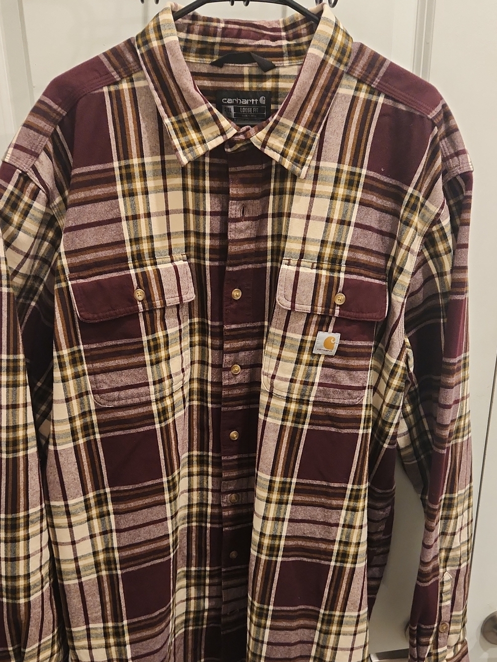 Carhartt Men's Burgundy Plaid Button-Down Shirt with Cream and Brown